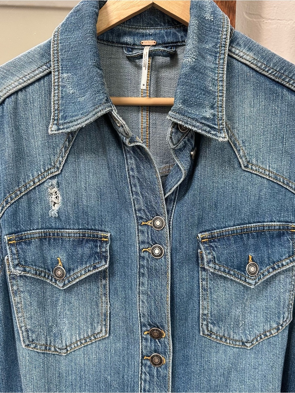 Free People Distressed Long Denim Jacket - Picture 2 of 11